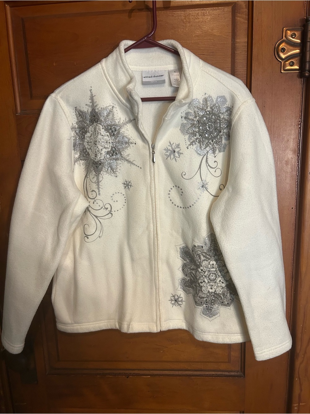 Alfred Dunner Cream Fleece Jacket with Silver Snowflake Embellishments